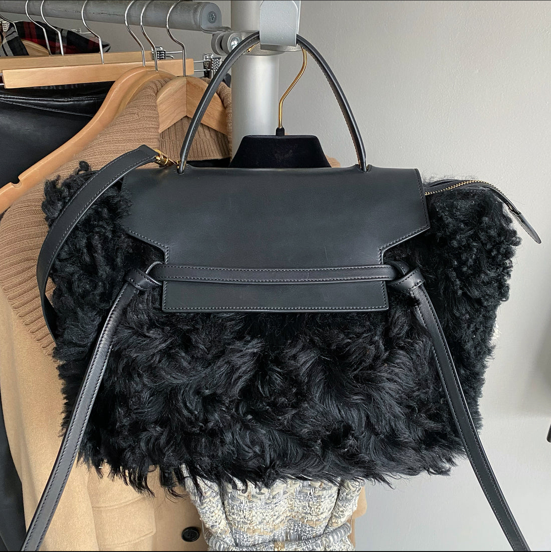 celine belt bag rain Celine Black Shearling Belt Bag – I MISS YOU VINTAGE