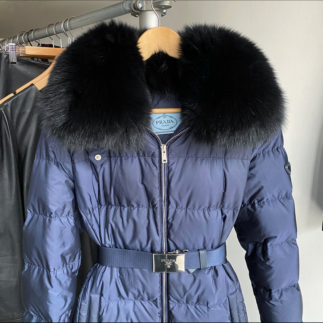 Prada Navy Nylon Down Puffer Coat with Fur Collar S (6) – I MISS