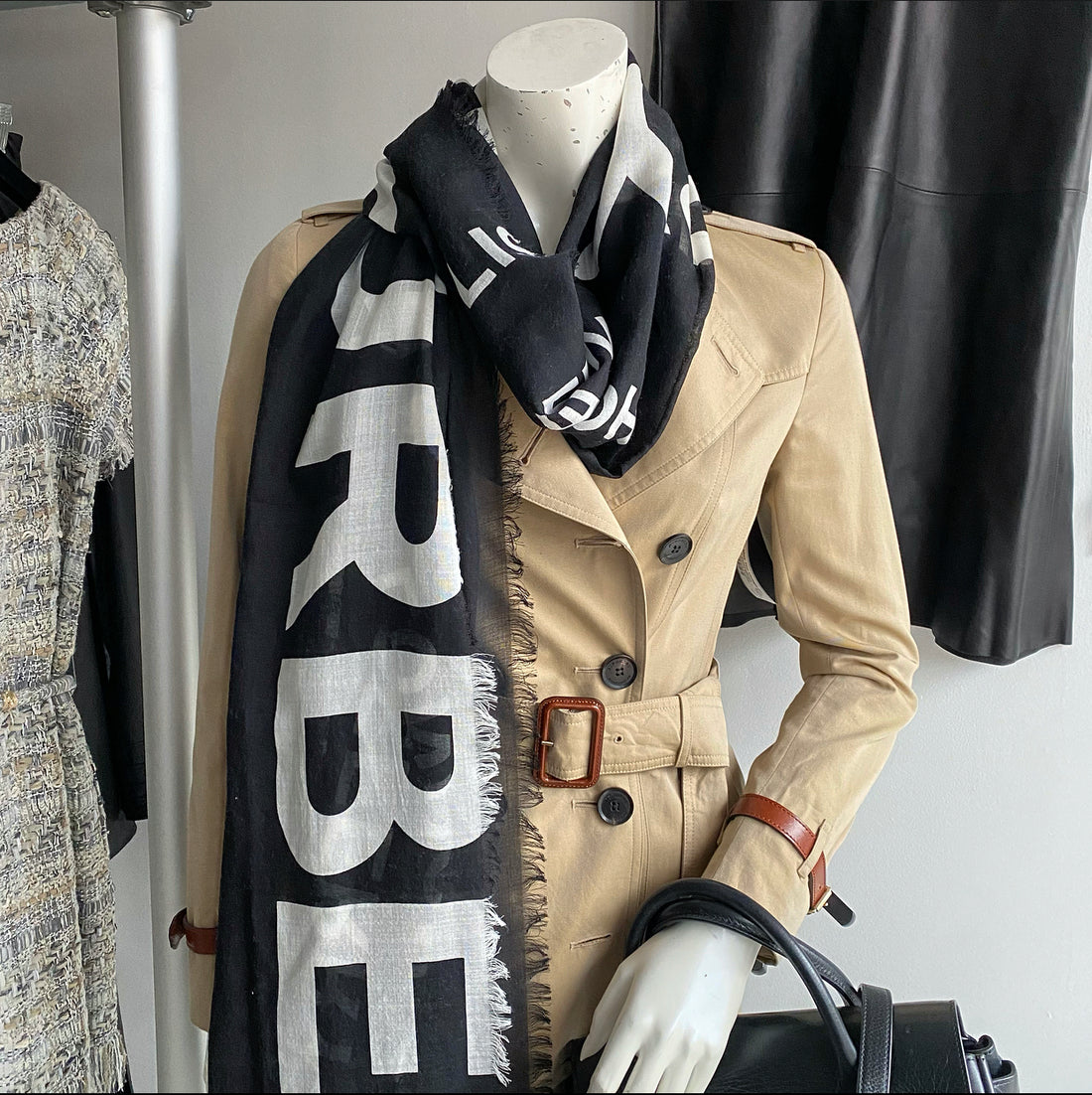 Burberry Black and White Logo Long Scarf