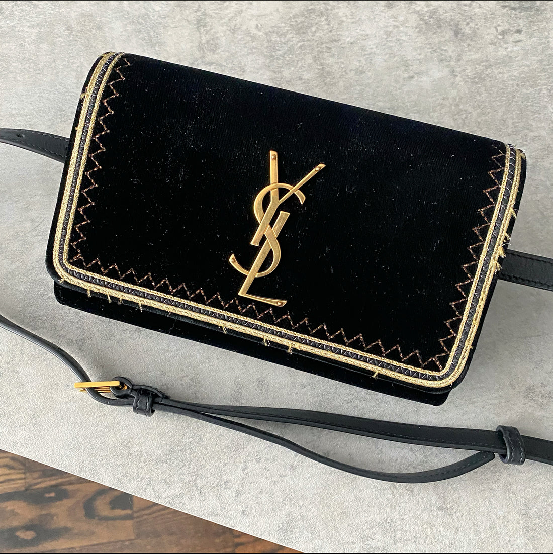 Saint Laurent Black Velvet and Gold Belt Bag