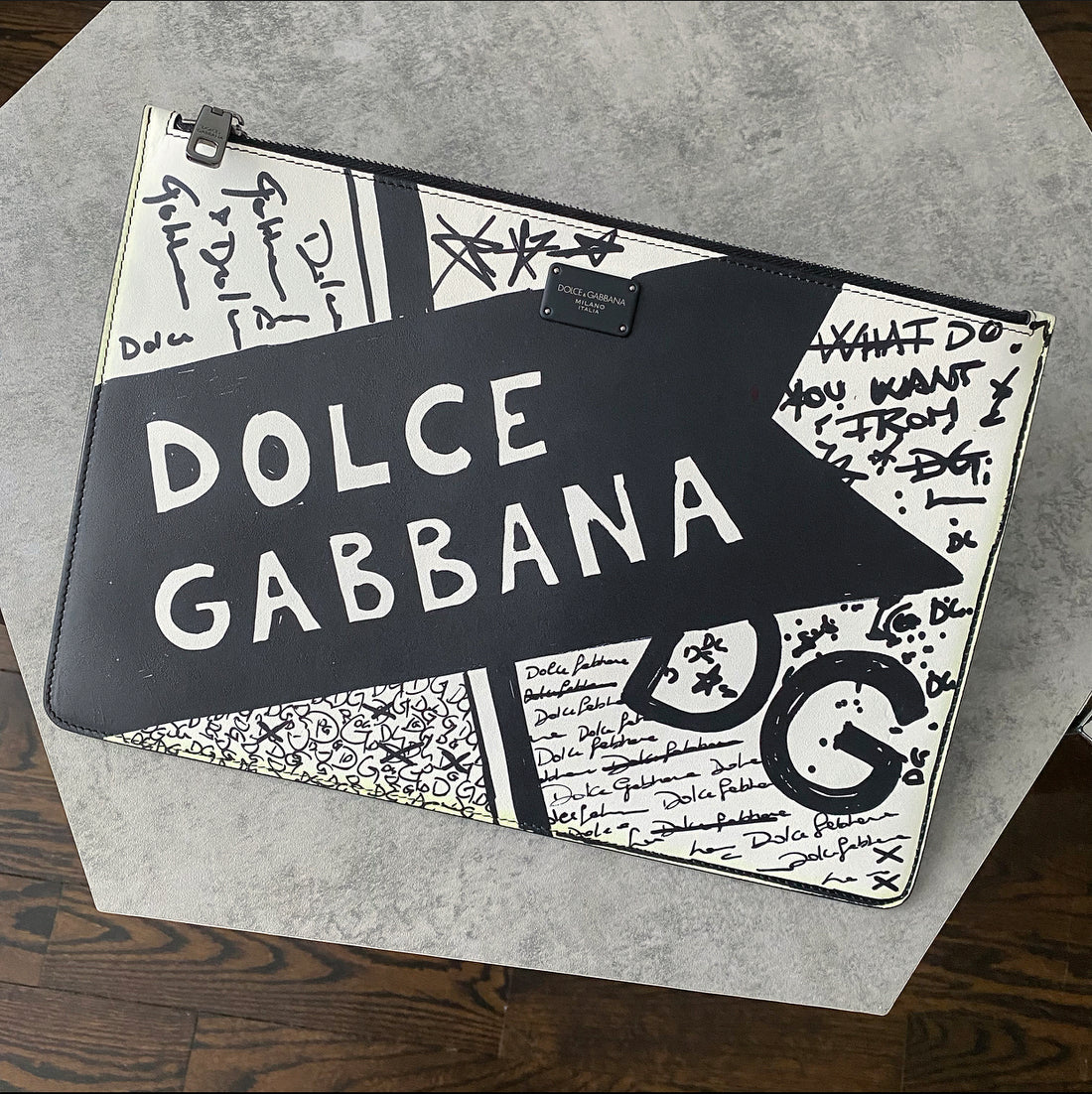 Dolce & Gabbana Black and White Leather Flat Pouch Clutch