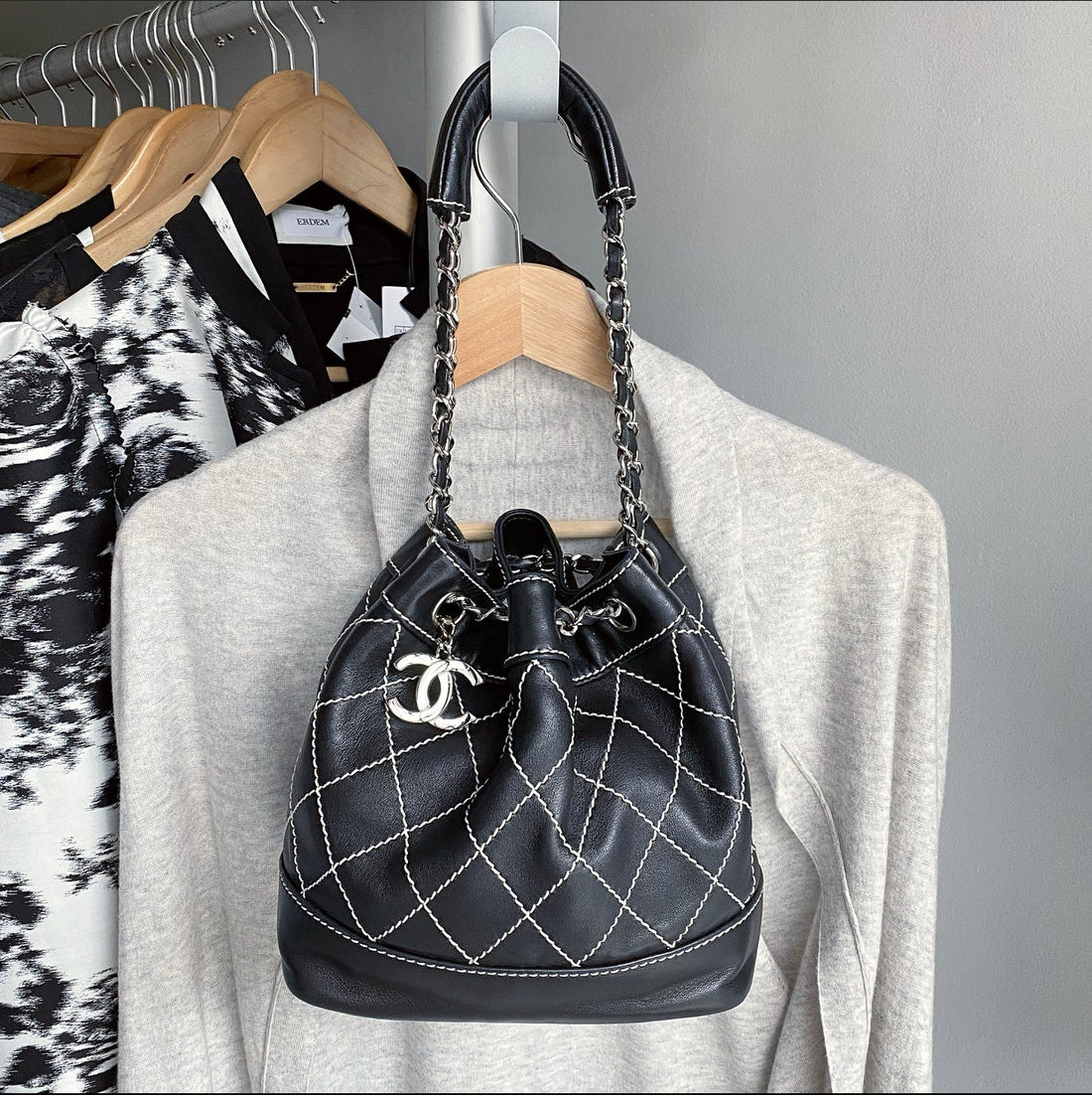 Chanel Vintage Small Black Wild Stitch Drawstring Bucket Bag