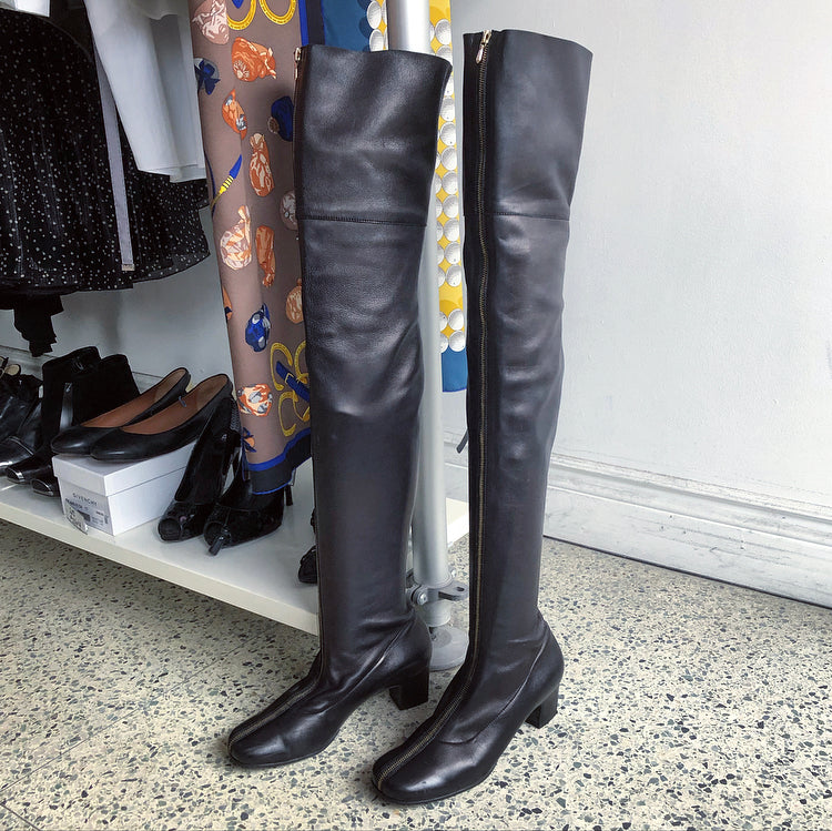 Chanel Real Leather Knee High Cc Mark Logo Riding Boots Black 