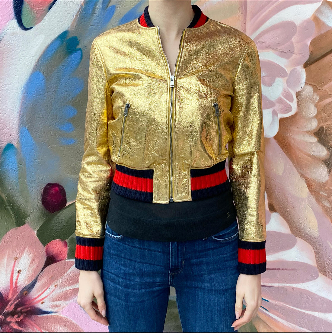 Gucci Gold Metallic Leather Bomber Jacket - XS 0 MISS YOU VINTAGE