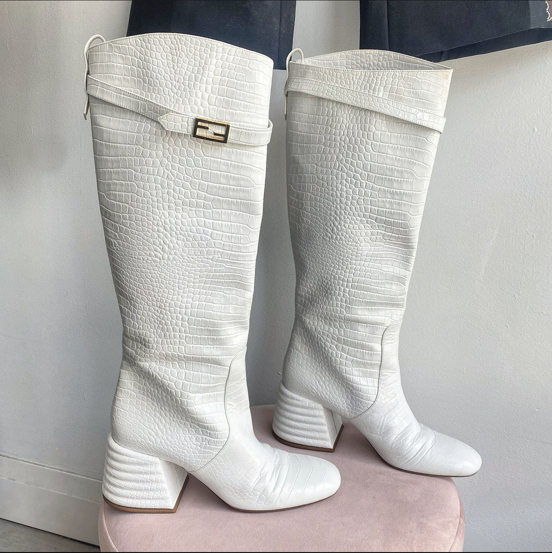 Fendi White Croc-Embossed Knee-High Block Heel Boots - EU40