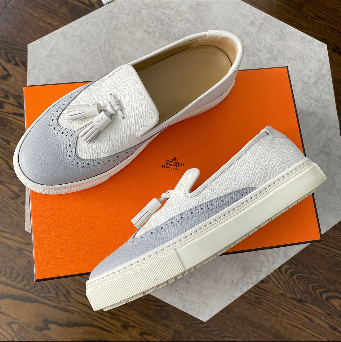 Hermes Grey and White Tassel Flat Slip on Sneakers - USA 6