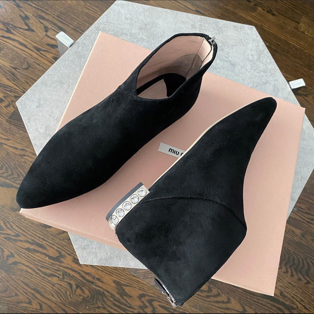 Miu Miu Black Suede Flat Ankle Boots Rhinestone Heel - 36 (5.5)