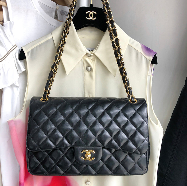 Chanel Jumbo Black Lambskin Classic Double Flap Quilt Bag Gold – I MISS YOU  VINTAGE