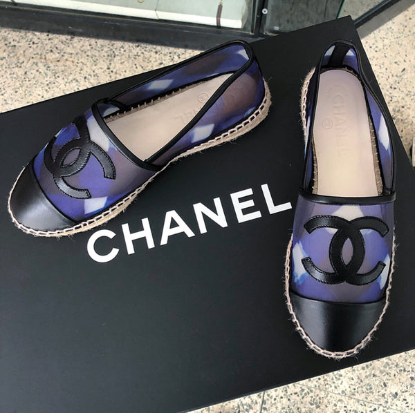 Chanel Blue Mesh and Black Leather CC Espadrille Flats - 36.5 – I