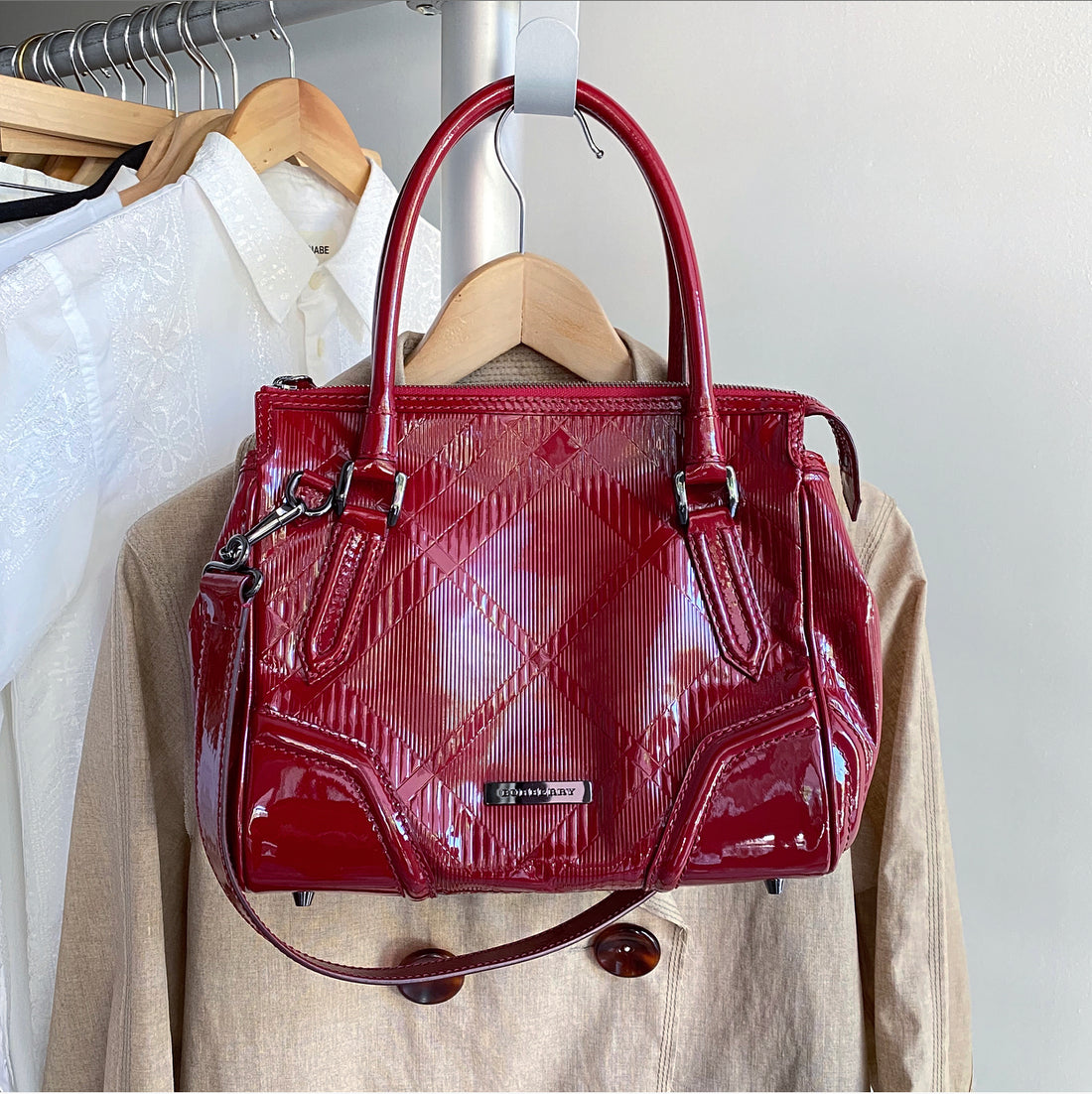 Burberry red online patent handbag