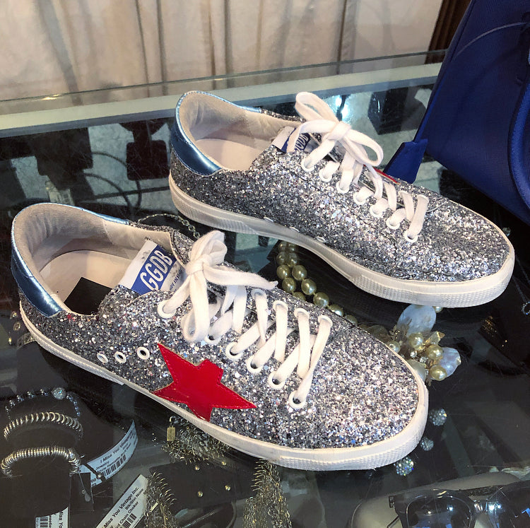 Golden Goose Silver Sparkle and Red May Sneakers - 39