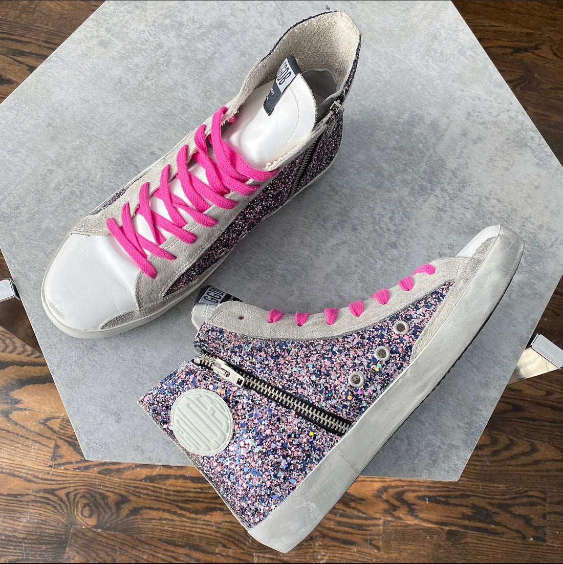 Golden Goose Francy Pink Grey Glitter High Top Sneakers - 39