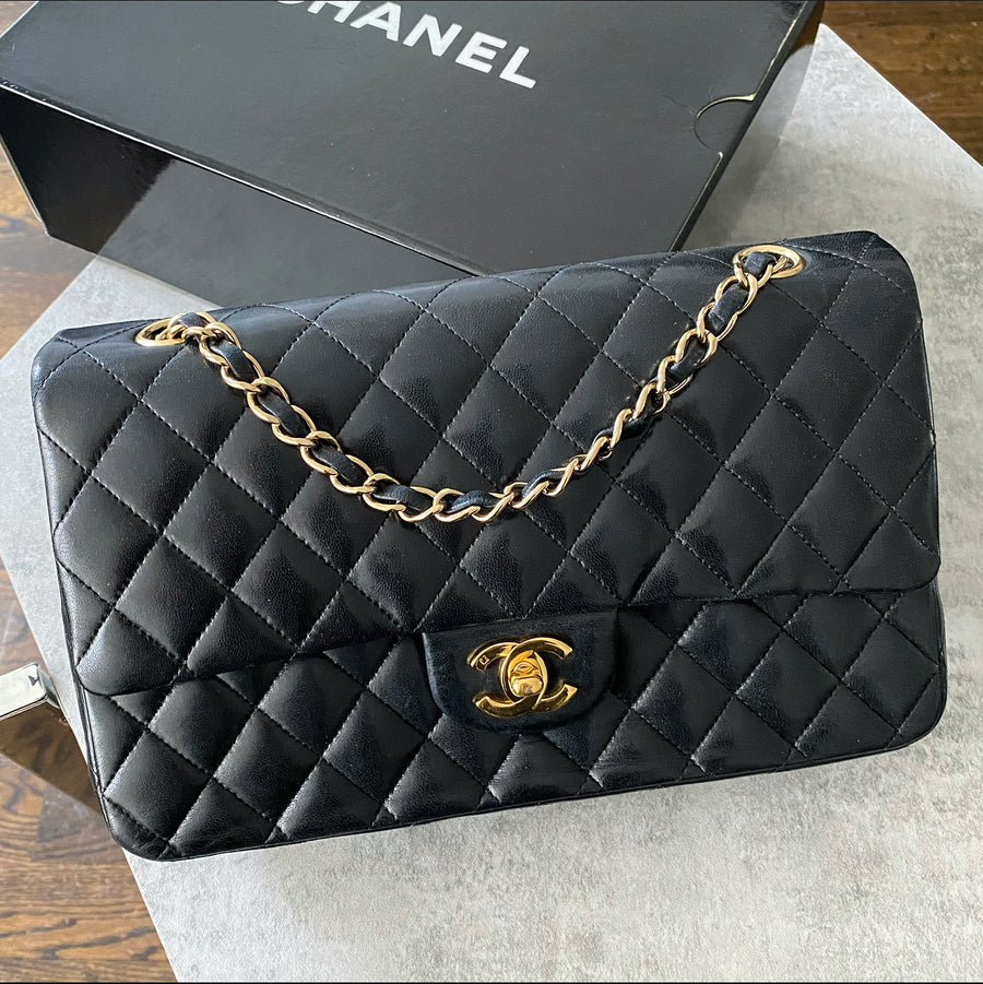 CHANEL Lambskin Quilted Medium Double Flap Black 1301389