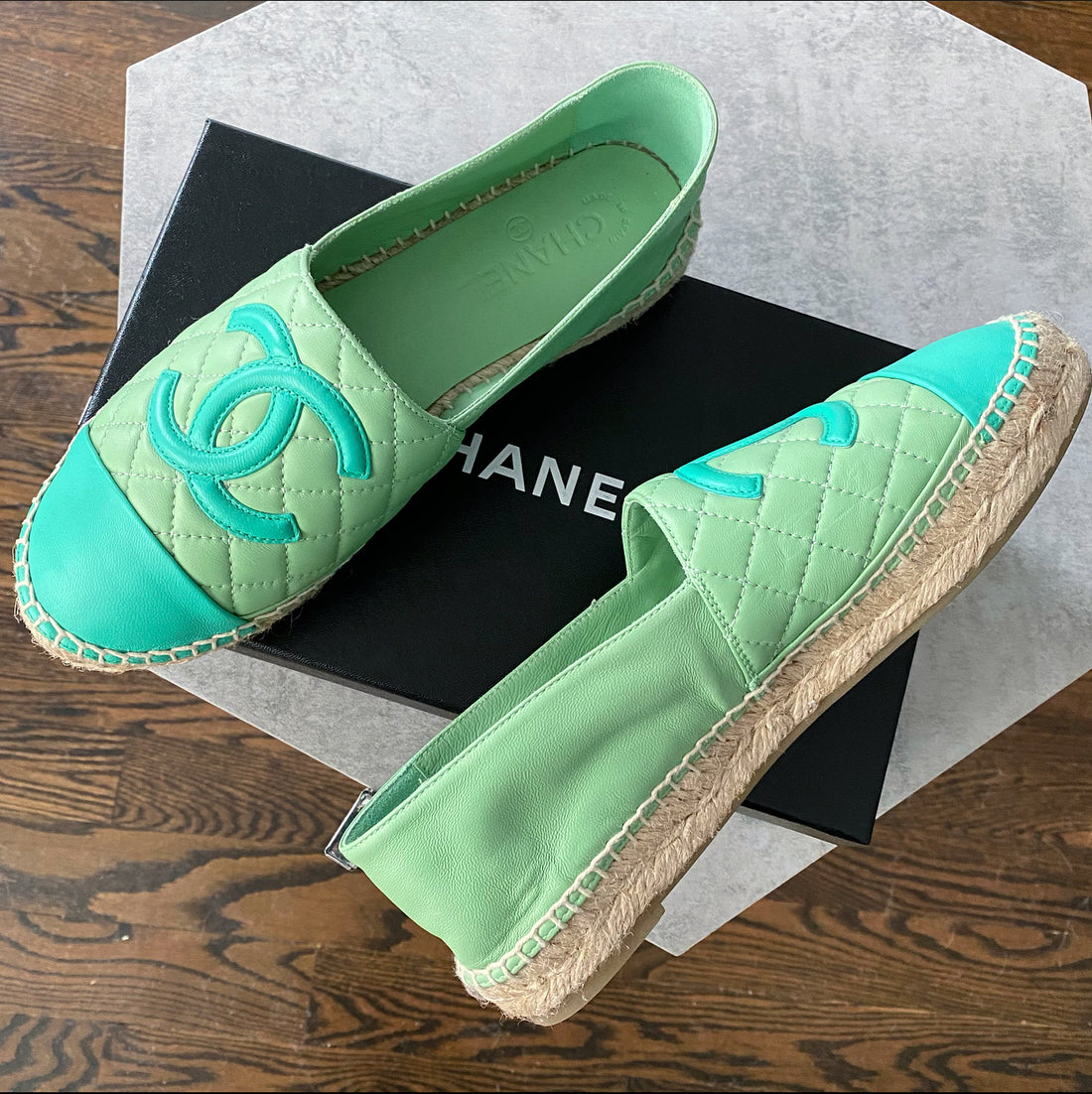 Chanel Mint Green Two Tone CC Espadrille Shoes 39