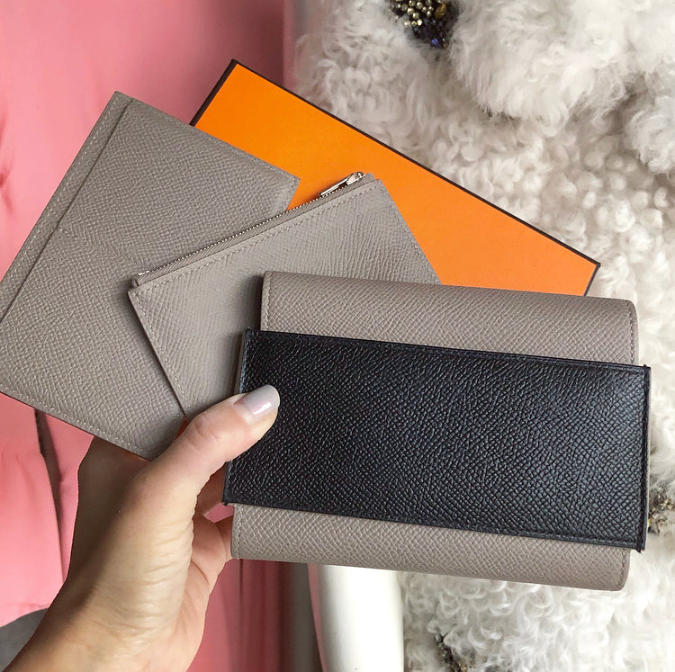 Hermes Passant Compact Wallet in Black and Etain Epsom Leather