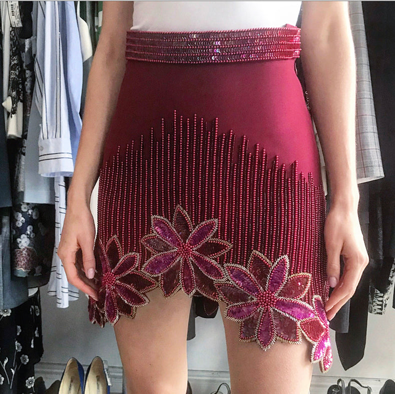 Rodarte Spring 2016 Runway Burgundy Hand Beaded Mini Skirt - 0