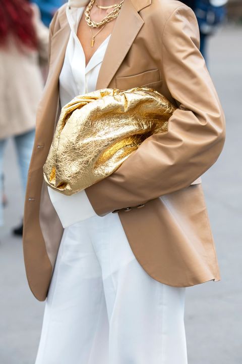 Bottega Veneta Gold Oro Wrinkle Large Leather The Pouch Clutch Bag