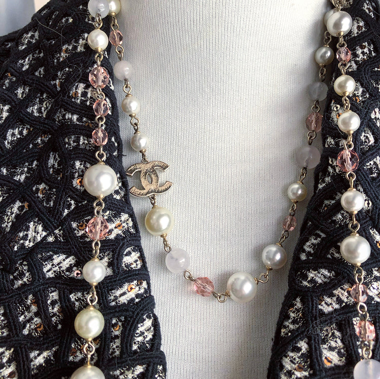 Chanel 08C Long Pearl and Pink Bead CC Necklace