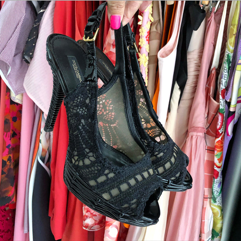 Dolce & Gabbana Black Wicker and Lace Platform Slingback Heels - 38