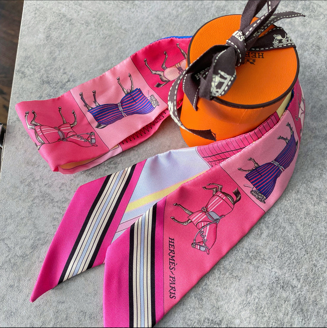 Hermes Pink Silk Twilly Scarf with Horses