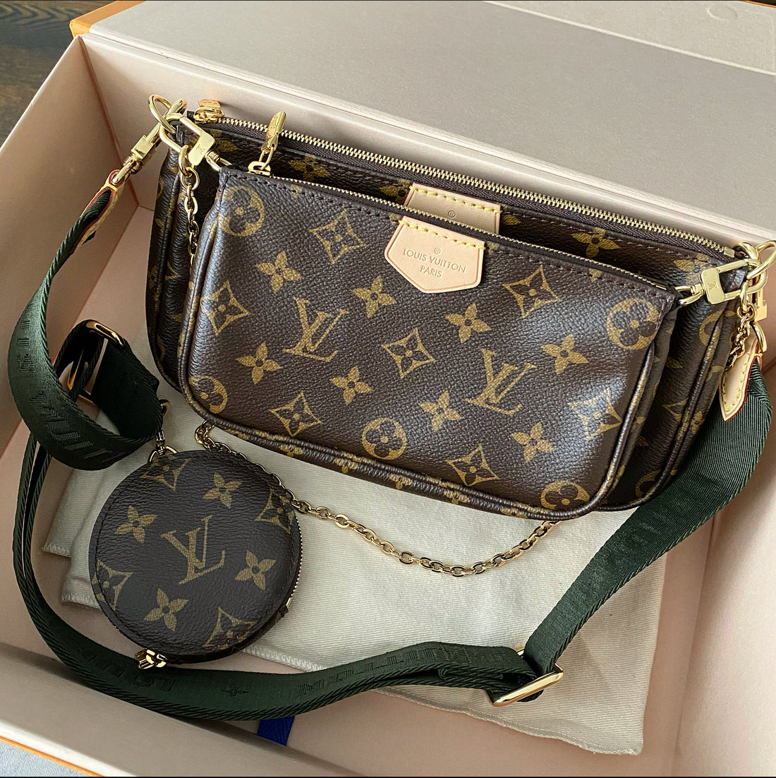 Louis Vuitton Khaki and Brown Monogram Canvas Multi Pochette Accessories Gold Hardware, 2021 (Like New), Brown/Green Womens Handbag