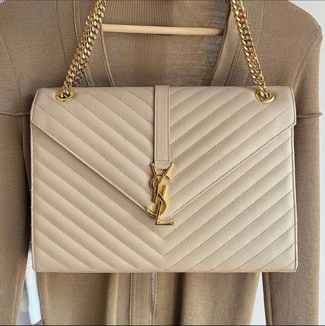 Saint Laurent Large Beige Chevron Envelope Flap Bag