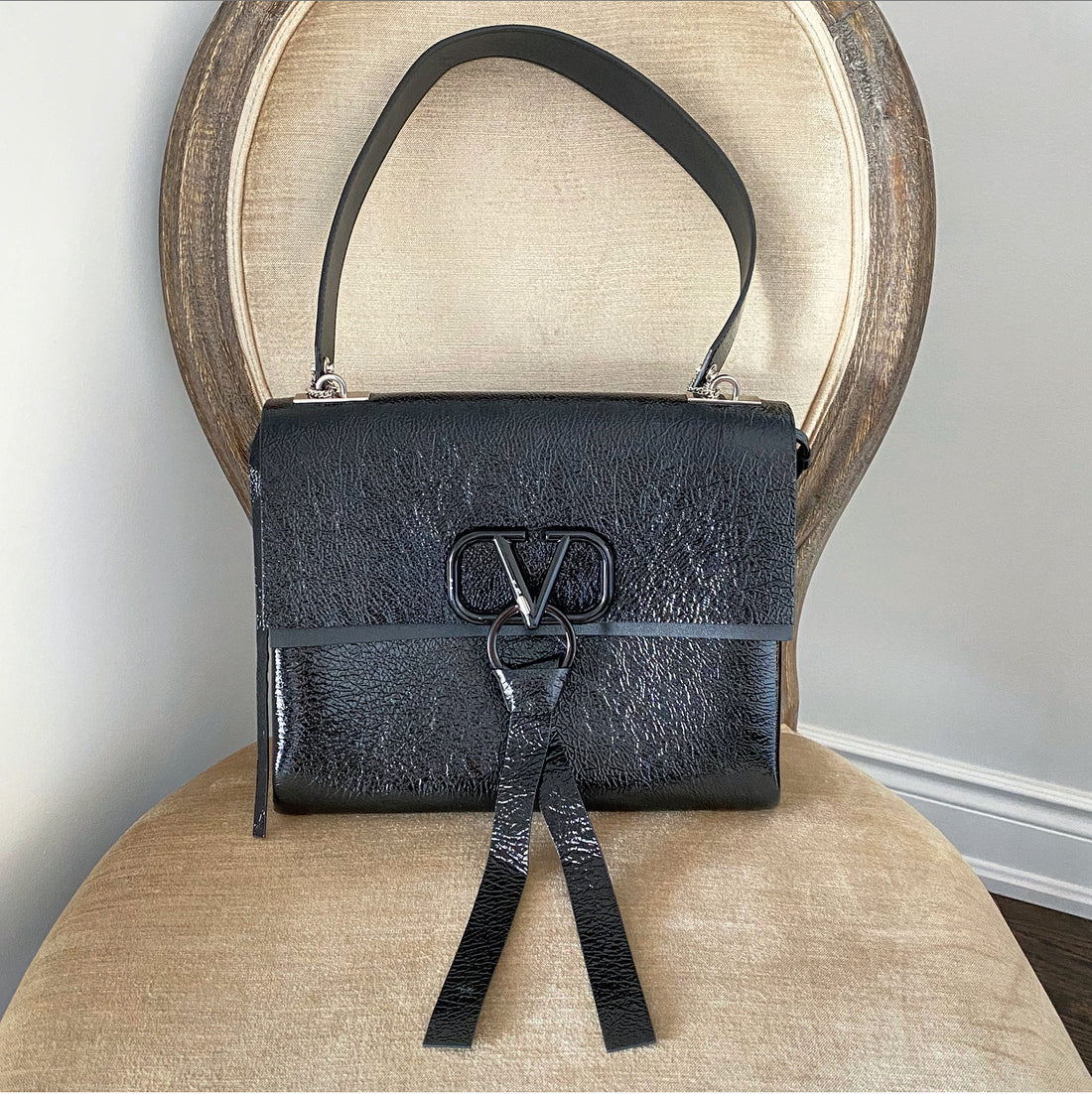 Valentino Vring Naplak Black Patent Shoulder Bag