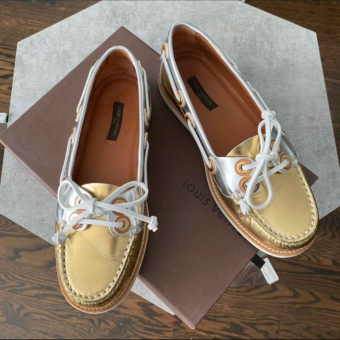 Louis Vuitton Gold and Silver Metallic Boat Shoes - USA 6