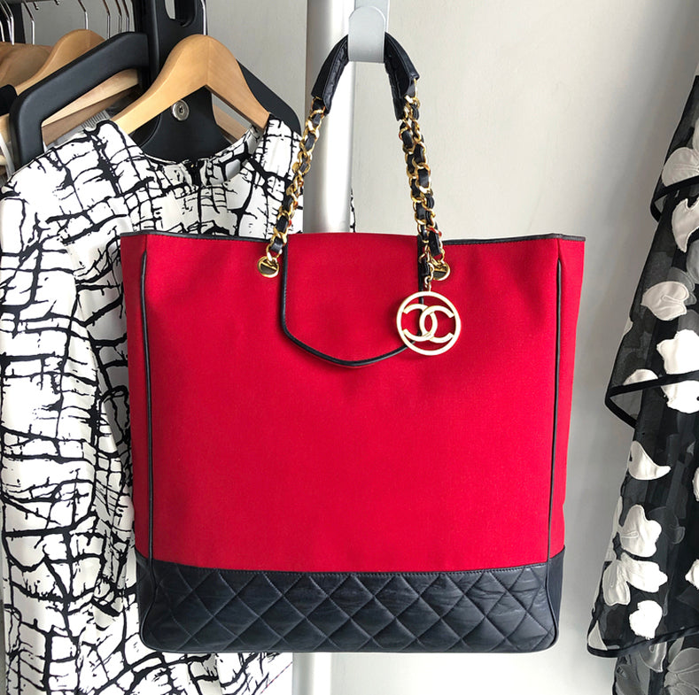Chanel Vintage 1989 Red Canvas and Navy Leather Large Tote Bag