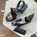 Valentino Black Leather Block Heel Sandals - 40 / 9.5