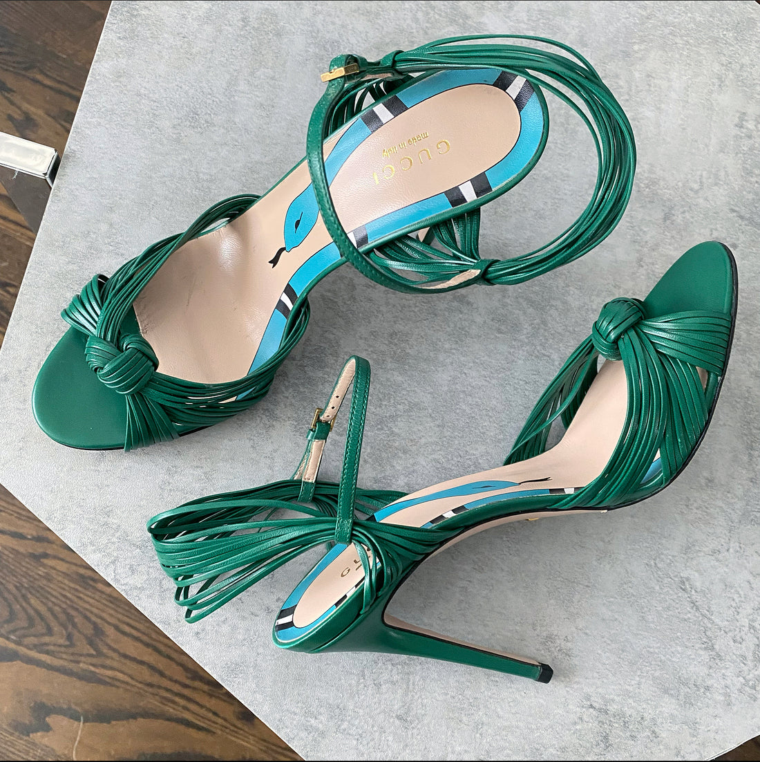 Gucci Green Strappy Leather Allie Snake Design Sandals - USA 9.5