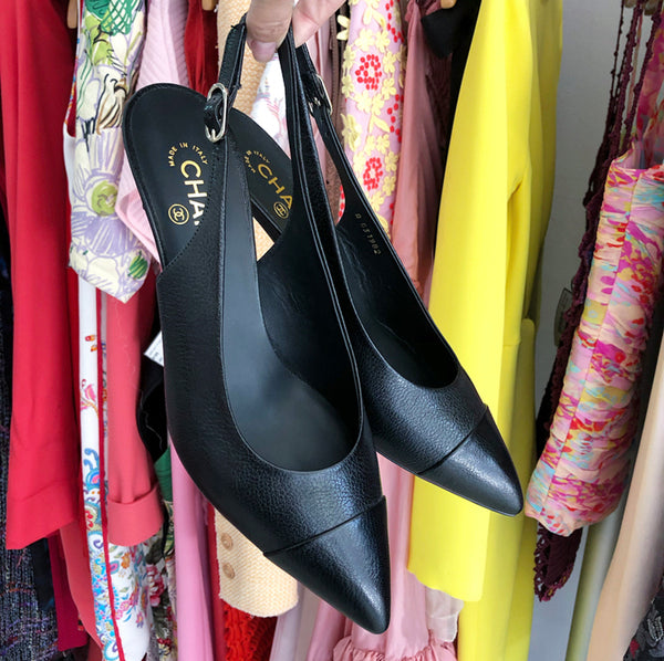 Chanel Black Leather Classic Cap Toe Slingback Heels - 10 – I MISS YOU  VINTAGE