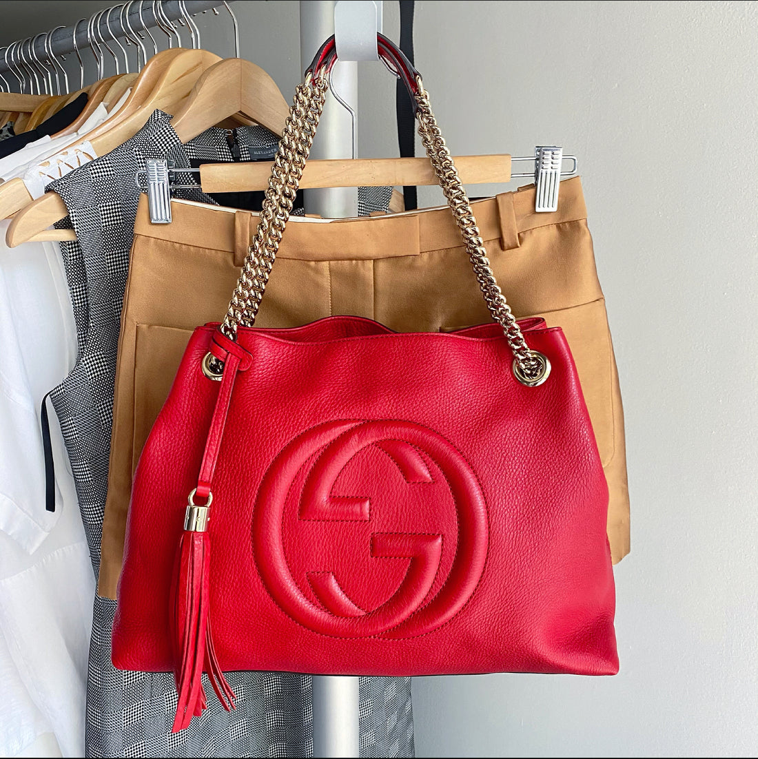 Gucci Red Leather Soho Chain Tote Bag