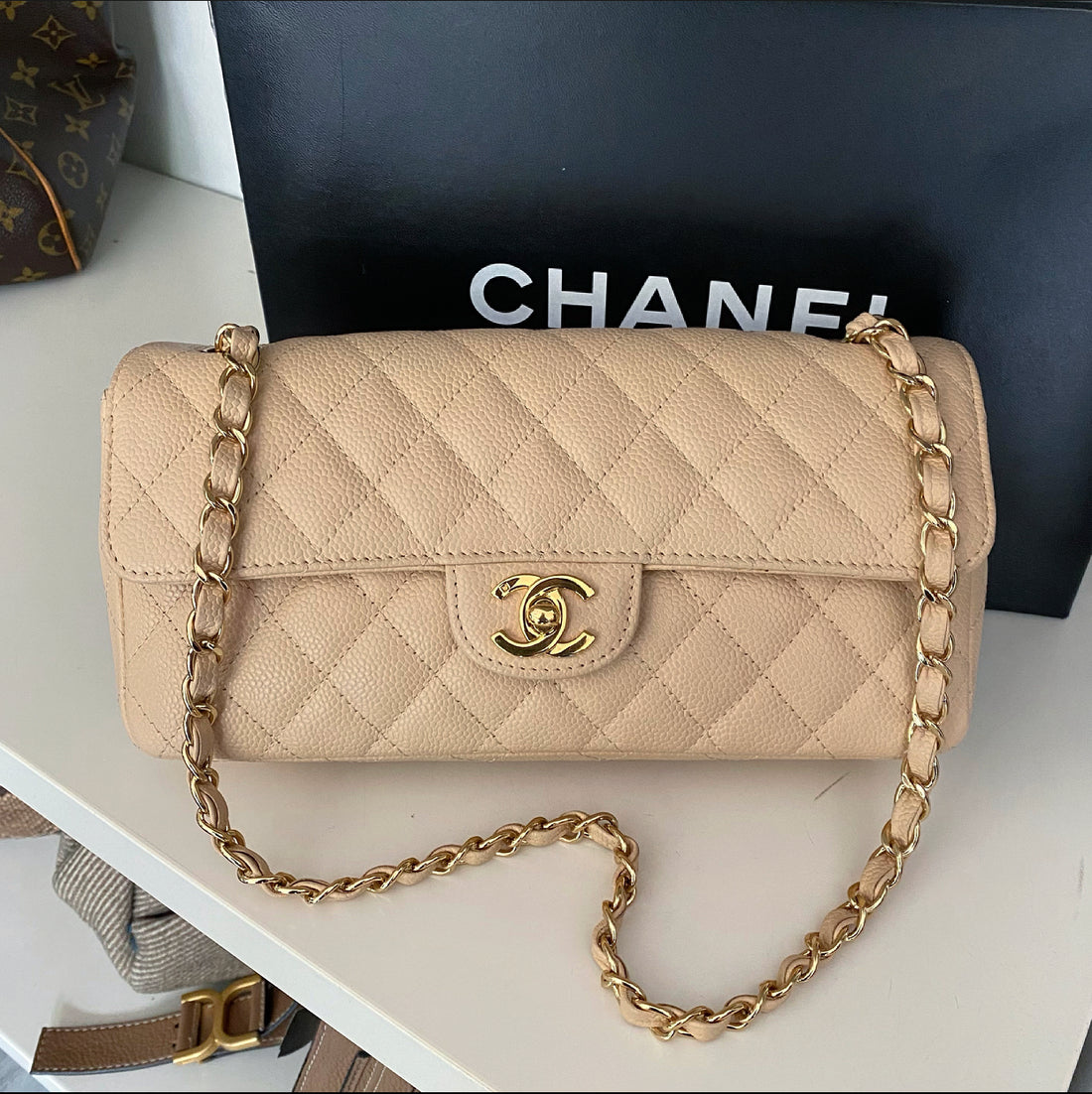 Chanel Beige Caviar Leather East West Small Classic Flap Bag