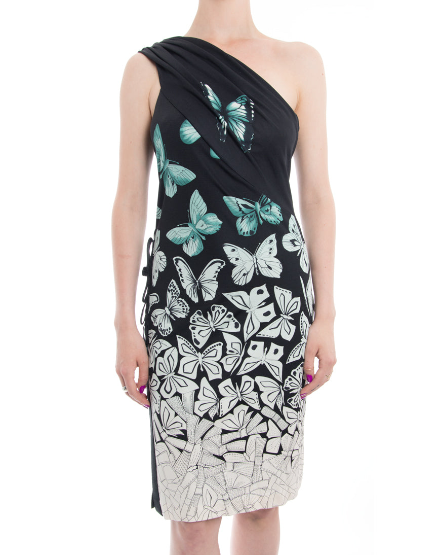 Versace Black and Aqua Green One-Shoulder Butterfly Dress - 10