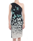 Versace Black and Aqua Green One-Shoulder Butterfly Dress - 10