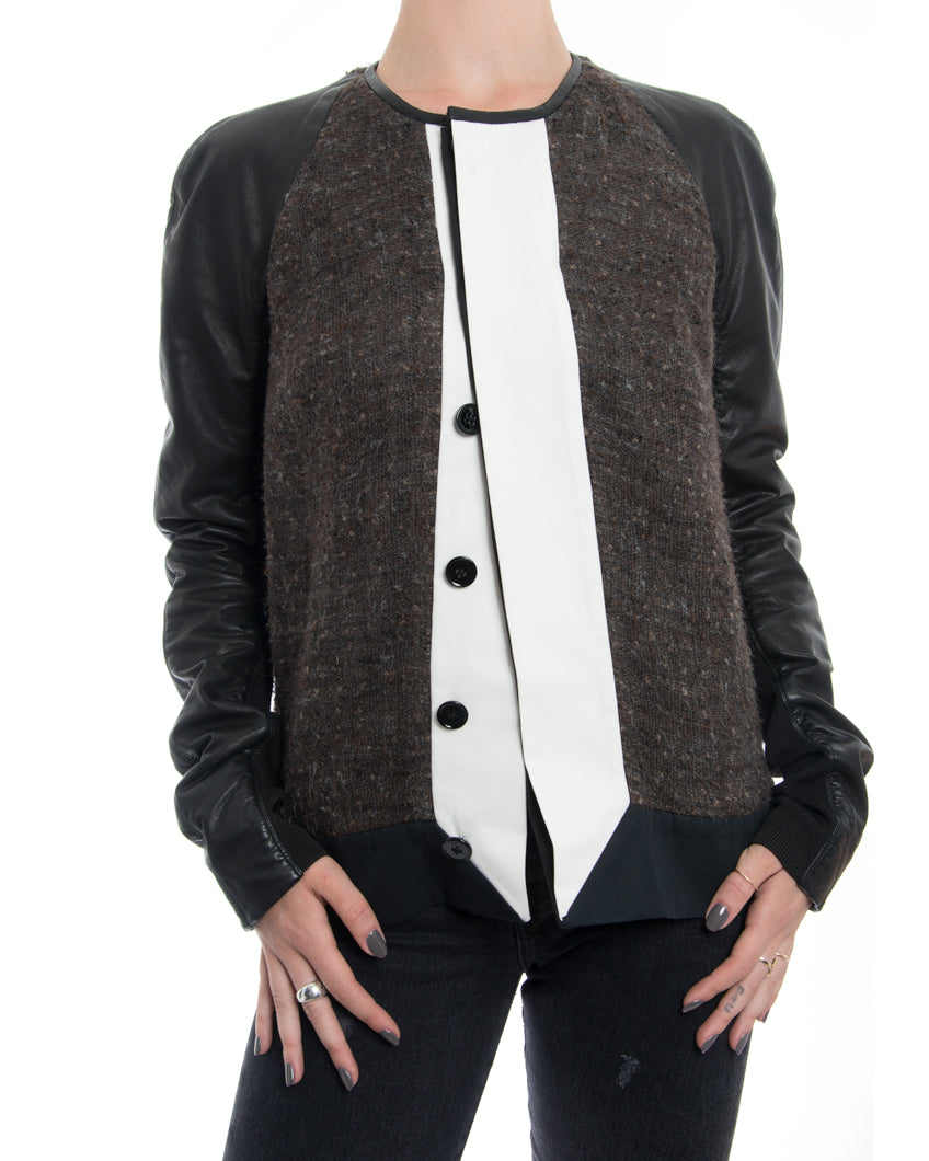 Rick Owens Brown Wool Jacket with White Stripe and Leather Sleeves - 8