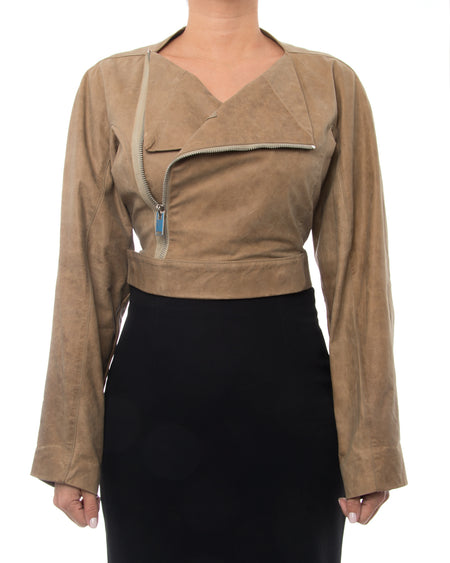 Rick Owens Light Brown Leather Zip Front Crop Jacket - XS
