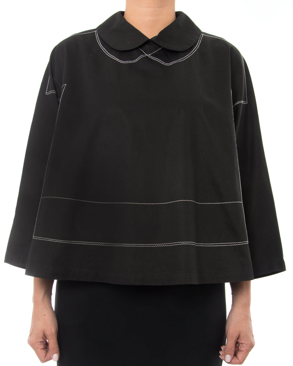 Comme Des Garcons Black Cotton Swing Top with White Topstitching - M