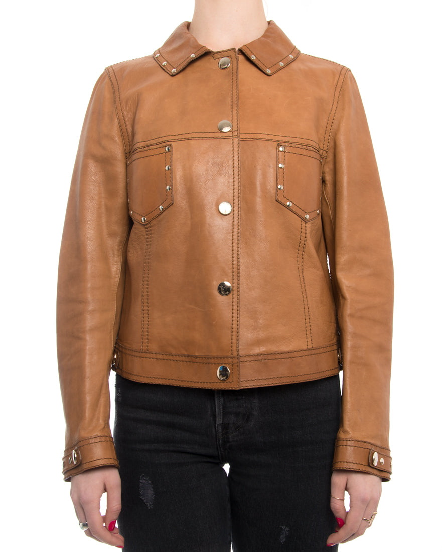 Gucci Tan Brown Leather 1970's Style Snap Jacket with Studs