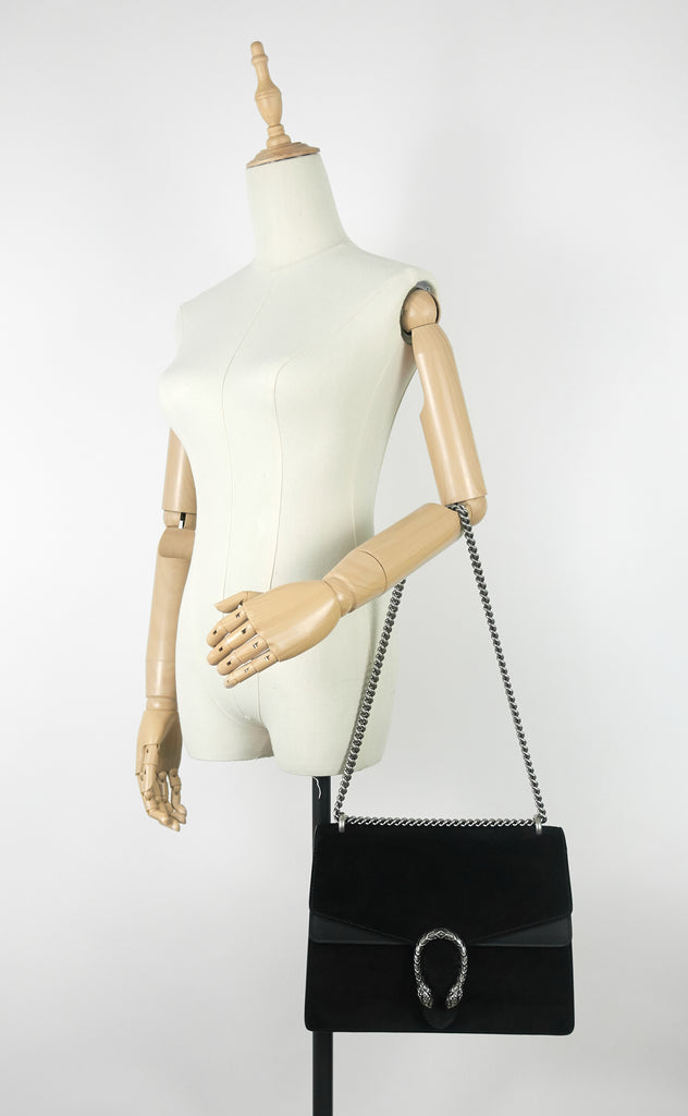 Gucci Dionysus Medium Black Suede Double Chain Shoulder Bag