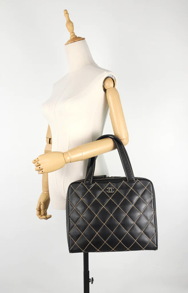 Chanel Black Leather Surpique Top Handle Bowling Bag – I MISS YOU