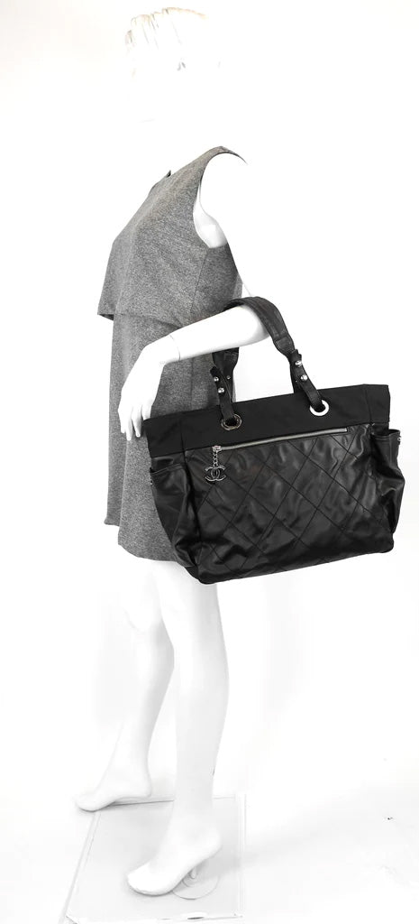 CHANEL Coated Canvas Quilted Large Paris Biarritz Tote Black 1249719