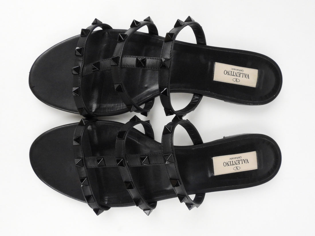 Valentino Black Leather Rockstud Flat Mule Sandals - 39.5