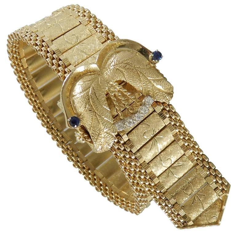 Vintage 1970's Sapphire Diamond 14k Gold Clasped Bracelet