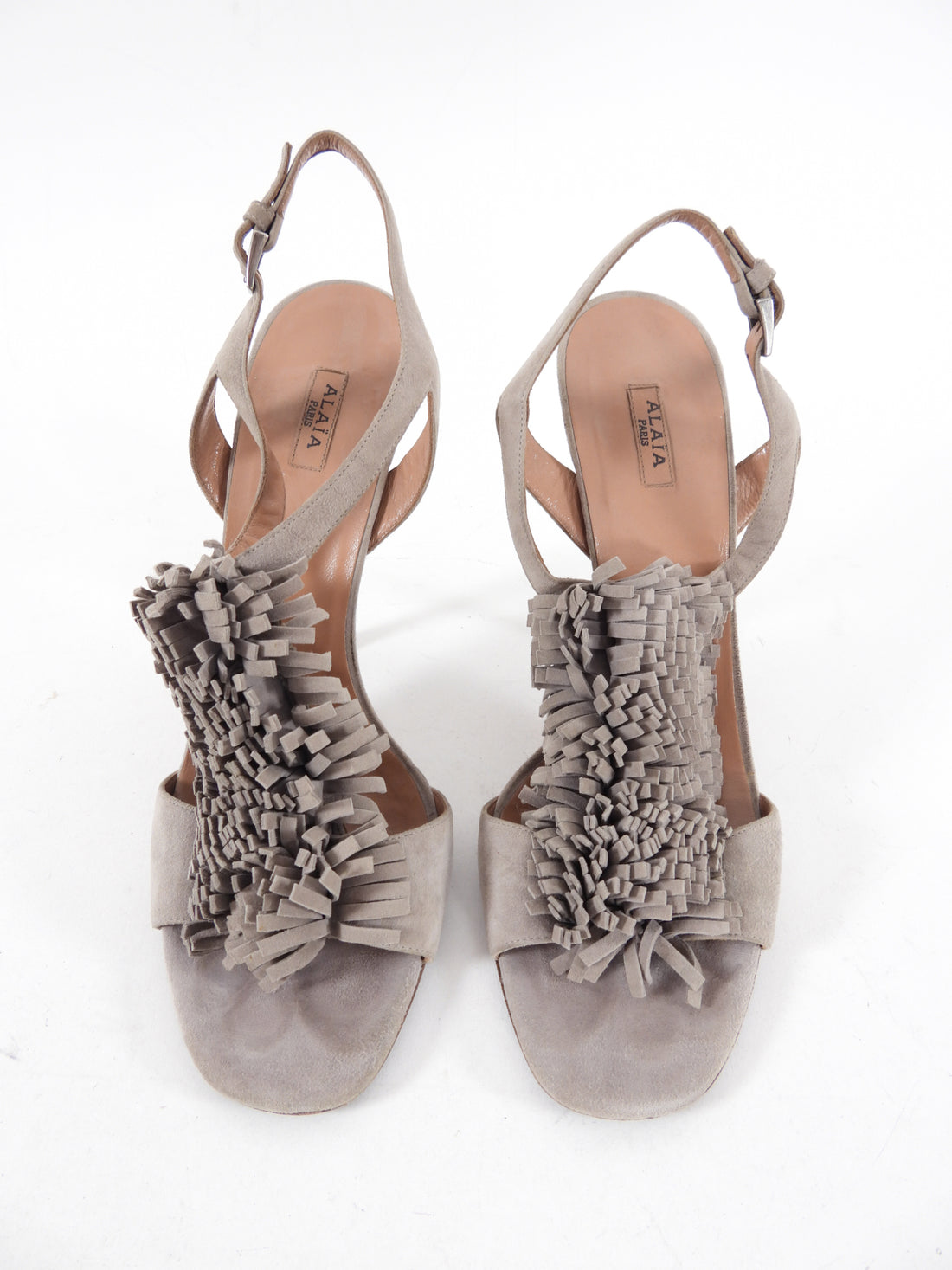Alaia Grey Taupe Suede Fringe Sandal Heels - USA 9.5