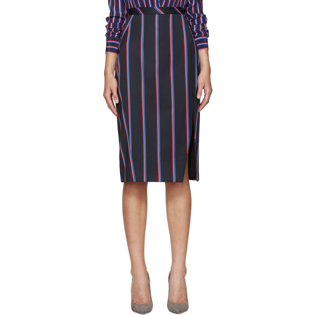 Altuzarra Monroe Navy and Red Striped Wool Pencil Skirt 12 – I