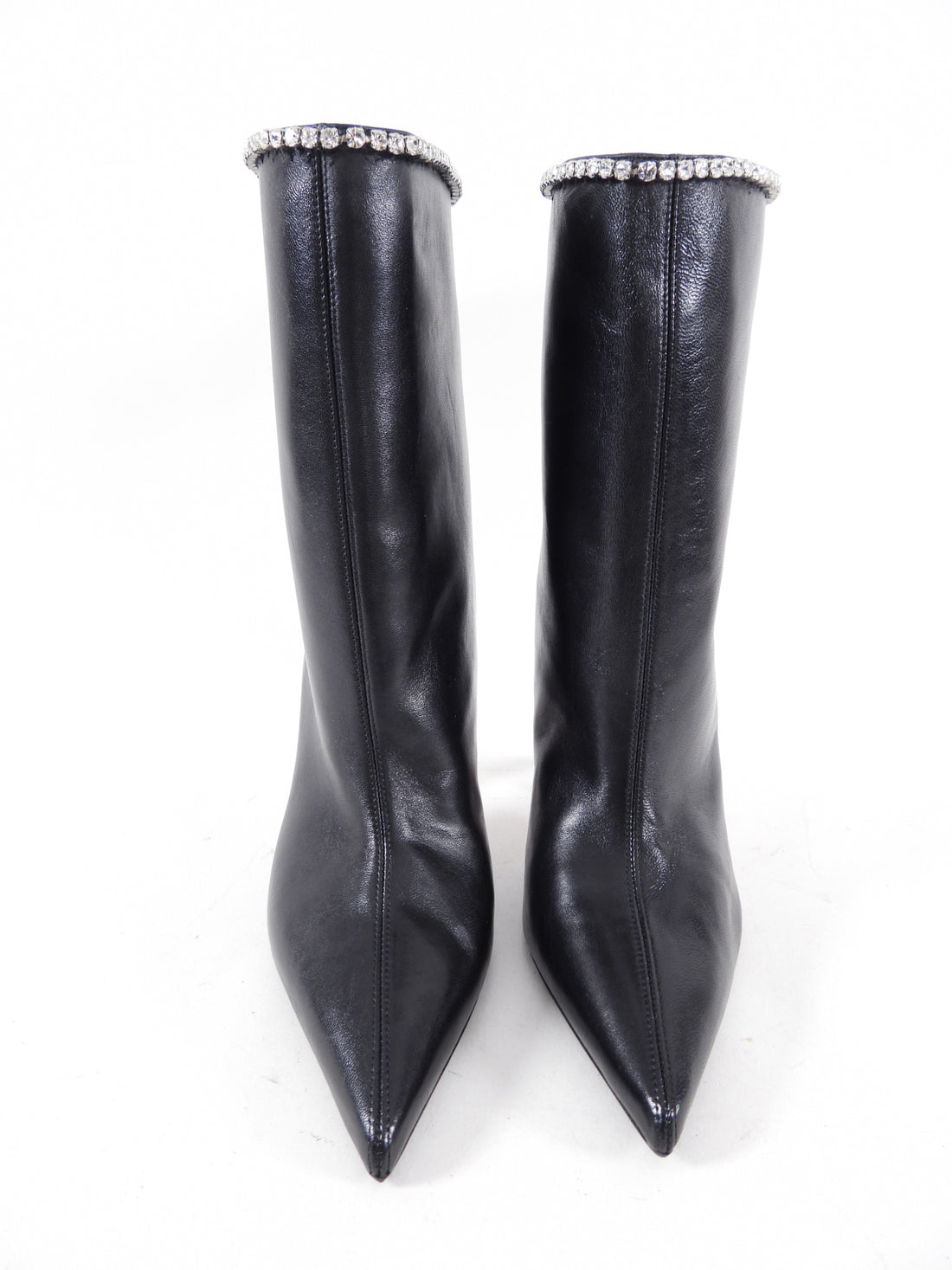 Amina Muaddi Mia Black Calfskin Rhinestone Ankle Boots - 40 / 9.5
