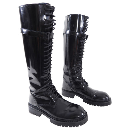 Ann Demeulemeester Black Glossed Leather Tall Combat Boots - 39