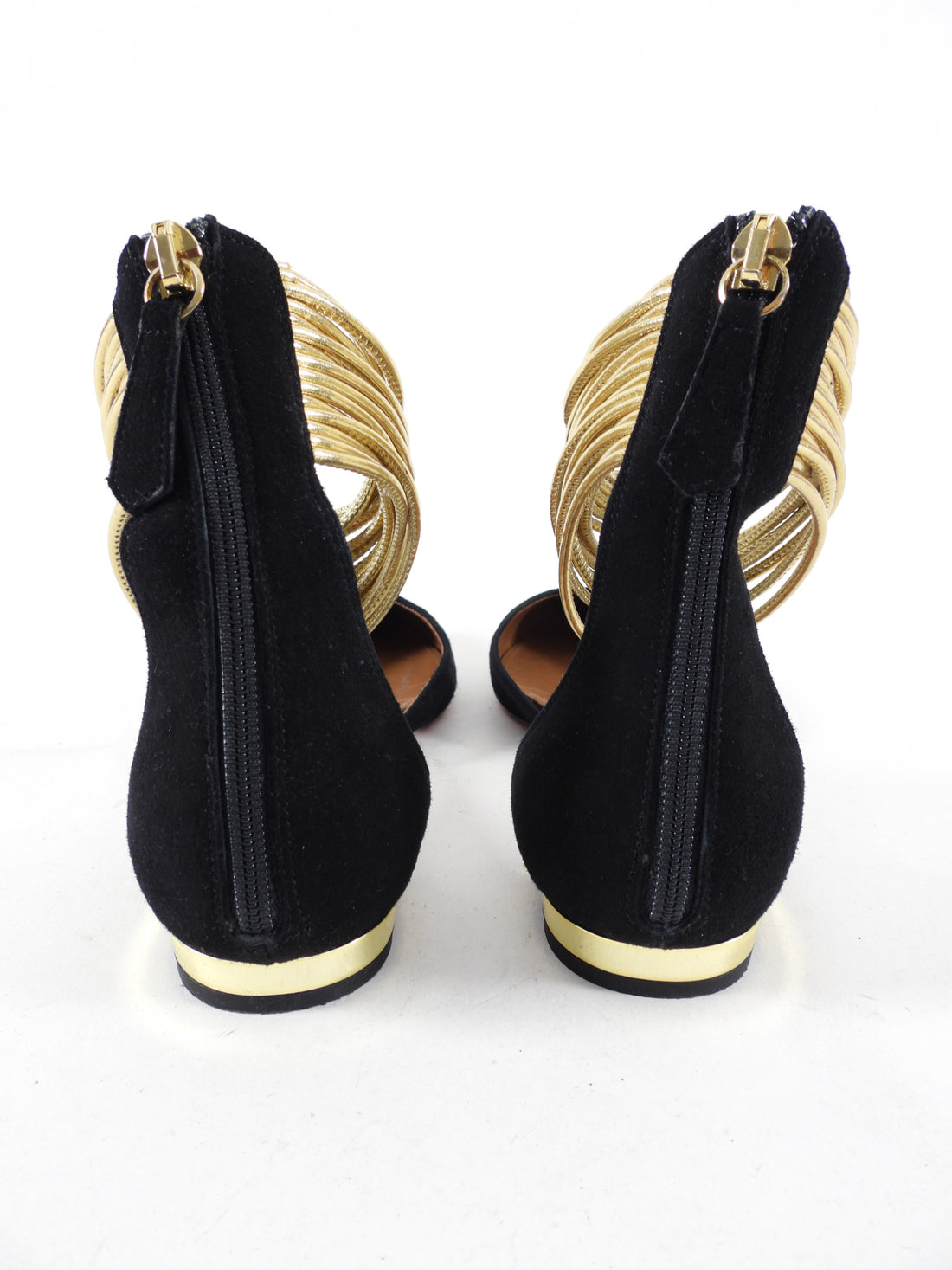 Aquazzura Black Suede and Gold Ankle Strap Flats USA 6.5